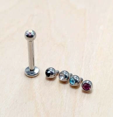 Internally Threaded Lip Piercing Jewelry Labret Stud with Gem Ball Crystals - Image 1 of 4