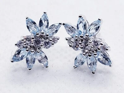 Solid 925 Sterling Silver Genuine Blue Topaz and Cubic Zirconia Earrings EDBTLT - Image 1 of 3