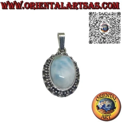 Ciondolo in argento 925‰ con larimar naturale ovale cabochon e tris di sfere - Immagine 1 di 4