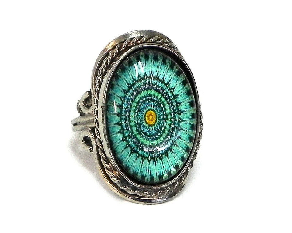 Anillo ajustable de metal plateado mandala verde azulado Trippy yoga psicodélico arte joyería Foto 1 de 1