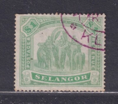 Malaya Selangor Scott 36 Usado 1895 $1 Elefantes Verde y Verde Claro SCV $150 Foto 1 de 2