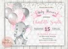 Elephant Girl Baby Shower Invitation, Elephant, Girl, Pink, Silver, Grey, Baby