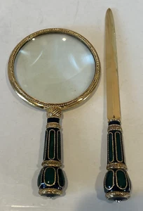 Emaille Lupe und Brieföffner Set Cloisonné goldfarben Schreibtisch - Bild 1 von 6
