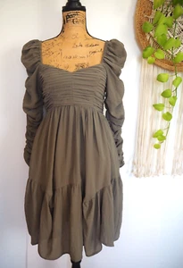 Olive Green Ruffled Long Puff Sleeve Knee Special Occasion Party Dress Sz XS NWT - Picture 1 of 10
