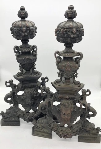 Antique Pair of Ornate Bronze Figural Chenet Andirons - 24" H - 27 lbs (each) Cover