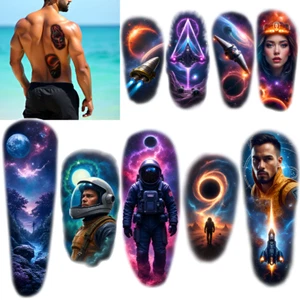 3pcs Temporary Tattoo Colorful Realism Galaxy Spaceship Planet For Thighs Men - Picture 1 of 15