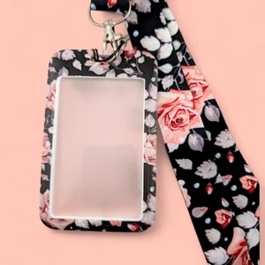 BLACK PINK FLORAL LANYARD cabbage rose neck strap key ring nametag ID holder 3J - Picture 1 of 5