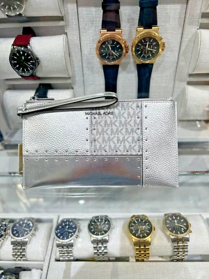 Michael Kors Grande Largo Plano Superior Cremallera Bolso sin asas Muñequera Cartera Bolso Cartera (Plateado) Foto 1 de 4