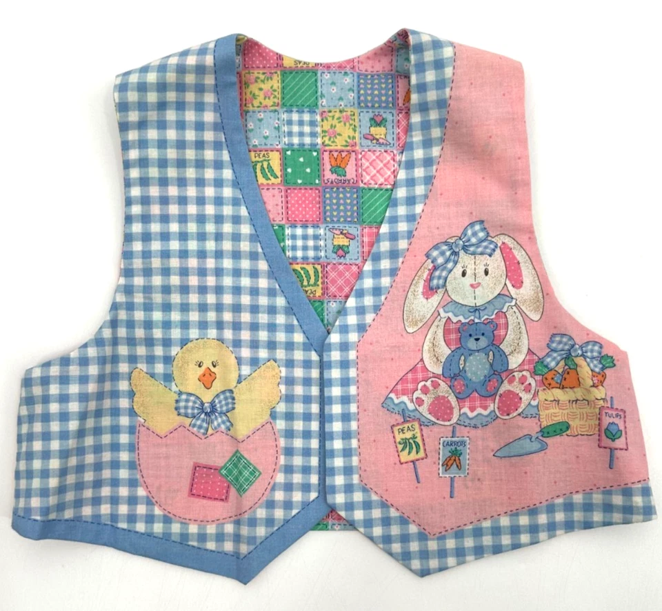 Garden Bunnies Childrens Handcrafted Reversible Novelty Vest Small Blue Cotton - Image 1 of 4