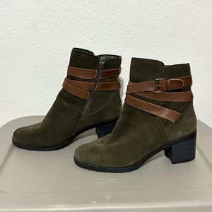 SKECHERS Botines Tacón Apilado Gamuza Cuero Verde Oliva Marrón Correas Talla 10 - Imagen 1 de 13