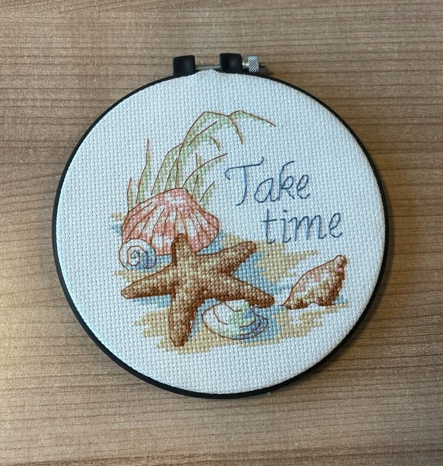 COMPLETED EMBROIDERY HOOP: 'TAKE TIME' BEACH THEME: 15 x 15cm - Image 1 of 1