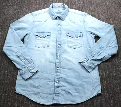 Pepe Jeans Men's Medium Denim Pearl Snap Shirt Vintage Wash Faded Long-sleeve - Image 1 of 4