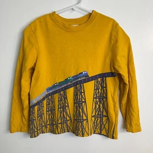 Hanna Andersson Boys Size 110 5-6 Yellow Long Sleeve Train Trestle T-Shirt Tee - Picture 1 of 7
