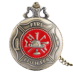 Antique Fire Fighter White Dial Men Quartz Pocket Watch Pendant Chain Gift - Picture 1 of 6