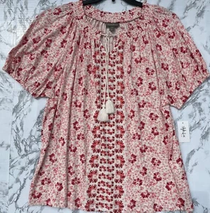 Style & Co Womens Floral Shirred Peasant Blouse 3X Short Sleeve Runway Shitake - Picture 1 of 7