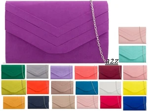 WOMEN'S FAUX SUEDE DECORATED FLAP CHAIN PARTY CLUTCH BAG HANDBAG EVENING PROM UK - Picture 1 of 38