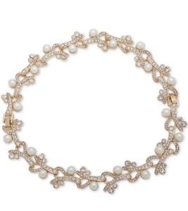 Collana girocollo Anne Klein $60 cristallo tono oro e perle imitazione Z27 - Foto 1 di 7