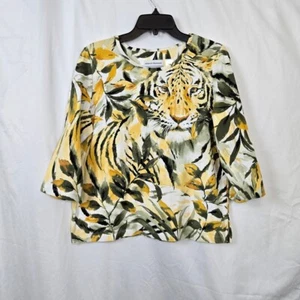 Alfred Dunner Damen weiß grün Tiger Print Pailletten 3/4 Ärmel Top Medium Petite - Bild 1 von 7