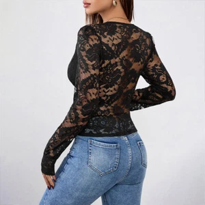 Femme Col V Chemisier Pur Haut Dentelle Creusé Sexy Punk Gothique Casual Fit - Bild 1 von 11