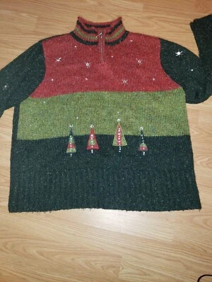 复古曼达湾圣诞毛衣 XL 水钻树派对假日 — 第 1/4 张图片
