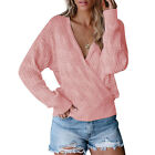 (Pink L)Women V Neck Hollow Out Crochet Knit Sweater Long Sleeve Loose TDM
