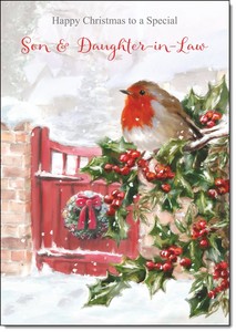 Son & Daughter-In-Law Christmas Card Robin on Holly Tree