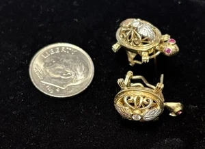 14K GOLD DIAMOND RUBY ARTICULATED TURTLE OMEGA BACK EARRINGS - Picture 1 of 4