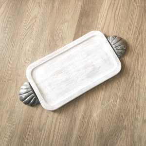 Vtg Rustic Wooden Serving Tray Pewter Shell Handle Solid Wood Coastal Nautical - Picture 1 of 11