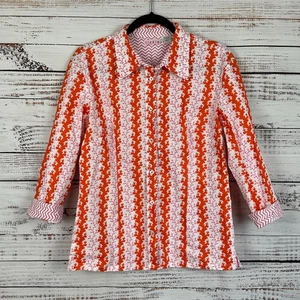 Women's TIZZIE Orange Pink Geometric Print Cotton Lycra Stretch Button Up Top L - Picture 1 of 5