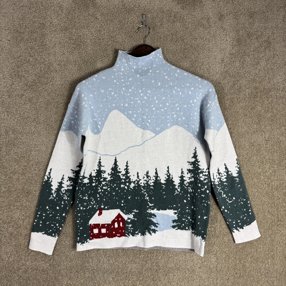 Suéter feminino Tahari XS azul inverno cabine cena pulôver pescoço simulado árvores de neve - Imagem 1 de 4