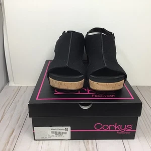 Corkys Womens Carley Wedge Heel Sandals Black Canvas Size 10 Ankle Strap Heels - Picture 1 of 6