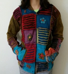 FJ4 COTTON FLEECE JACKET NEPAL : Handmade Ribs Floral Hippie Bohemian Coat M - Picture 1 of 2