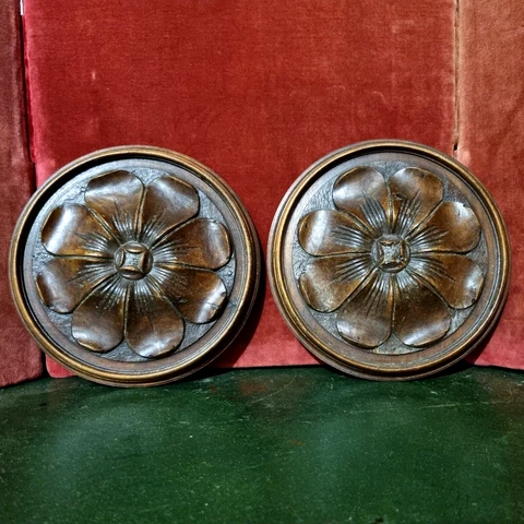 2 Rosette wood carving round panel 8 in - Antique French architectural salvage Cover