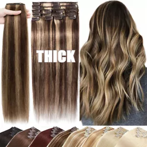 CLEARANCE Thick Double Weft 100% Human Hair Extensions Clip In Real Remy Hair US - Picture 1 of 51