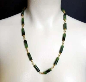 Dainty Vintage 23 1/2" Necklace w/ Long Barrel Green & Black Stone / Glass Beads - Picture 1 of 5