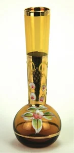 Victorian Amber Hand Painted Glass Bud Vase Floral Design Gold Trim   6” - Picture 1 of 4