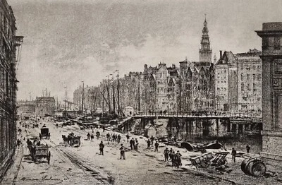 Estampe XIXème héliogravure "Amsterdam - Le Damrak" Maxime Lalanne &  Dujardin - Photo 1/4