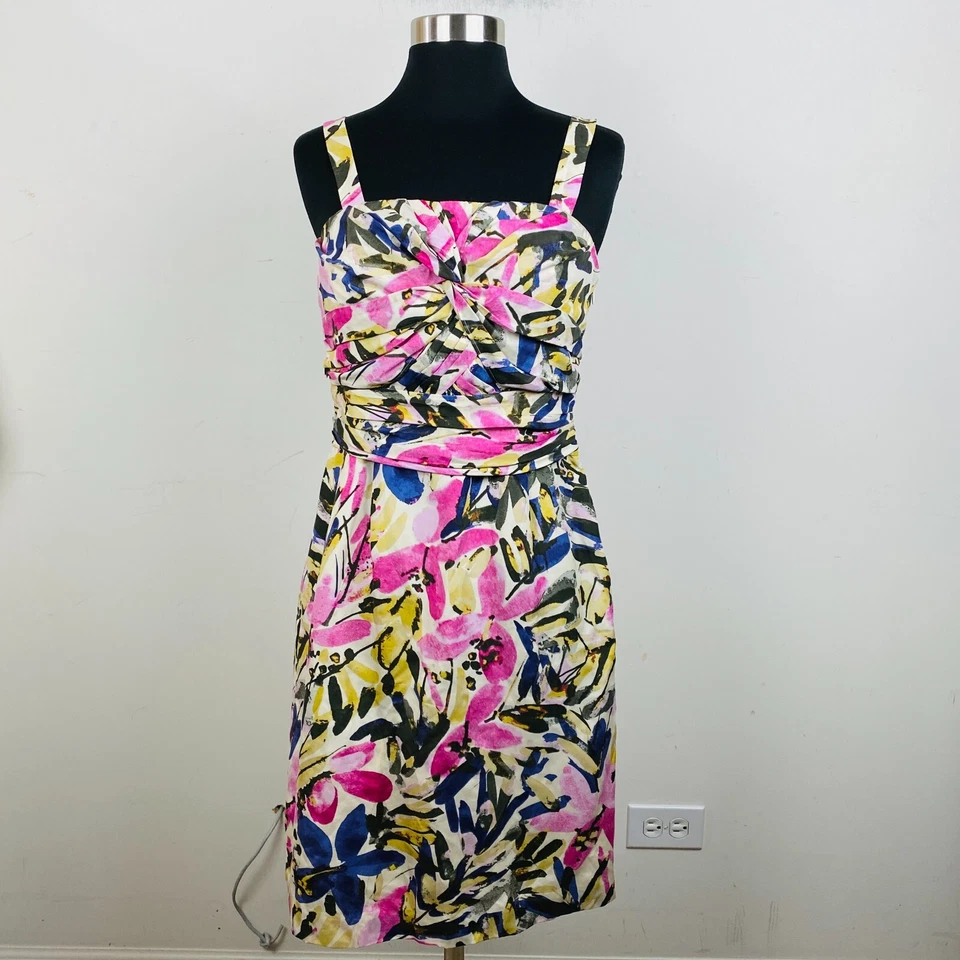 Banana Republic Silk Pink Yellow Abstract Colorful Print Women's 4 Pencil Dress - Image 1 of 4