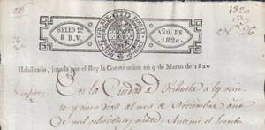 1820-PS-72 ESPAÑA SPAIN REVENUE SEALLED PAPER HABILITADO JURADA LA CONSTITUCION - Picture 1 of 2