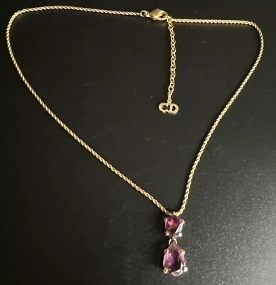 Christian Dior Dior Logo Gold Plated Amethyst Double Tear Drop Pendant Necklace - Image 1 of 4