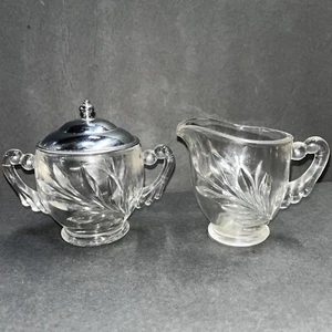 Two Piece Indiana Clear Glass Willow Pattern Creamer and Sugar Bowl With Lid - Picture 1 of 5