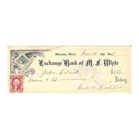 1895 EXCHANGE BANK OF M F WHITE- MANTON MI $7.73 CHECK W/REVENUE STAMP!d3301csx2 Cover