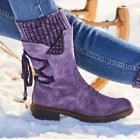 Women Mid Calf Boots Lace Up Flat Low Heels Winter Warm Knit Back Stretch Shoes
