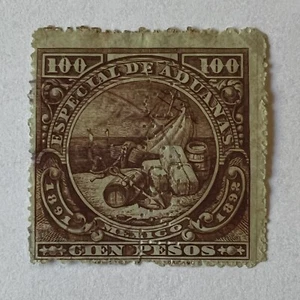 1891-92 MEXICO 100 PESOS CUSTOMS STAMP WITH INTERESTING PERFIN - Picture 1 of 4