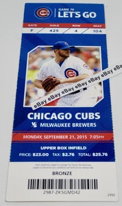 Chicago CUBS vs Milwaukee BREWERS SEP 21. 2015 Wrigley Field Ticket Stub - Picture 1 of 3