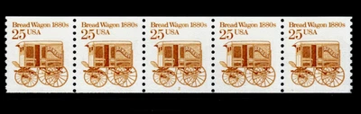 Stamp USA 25¢ Bread Wagon 1880s - Plate #2 Coil Strip of 5 MNH stamps - SC#2136 - Image 1 of 2