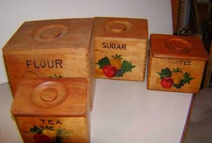 Vintage SET 4 HOLZKANISTER Kaffee/Tee/Zucker/Mehl NIST Kanister - Bild 1 von 5