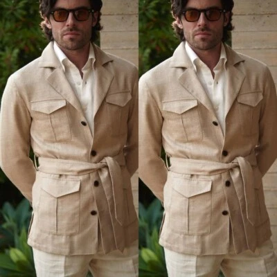 Chaqueta Safari de Lino con Cinturón Exterior Causal Diario Hombre Abrigo Verano Diario Caqui Foto 1 de 4