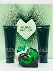 Aura Mugler 3pc Set Parfum Refillable Spray 1.0 oz Shower Milk and Lotion 1.7 oz