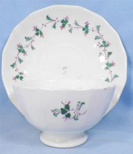 Sprig Cup & Saucer Soft Paste Handleless Clover Pink & Green Leaves Antique #1 - Picture 1 of 9